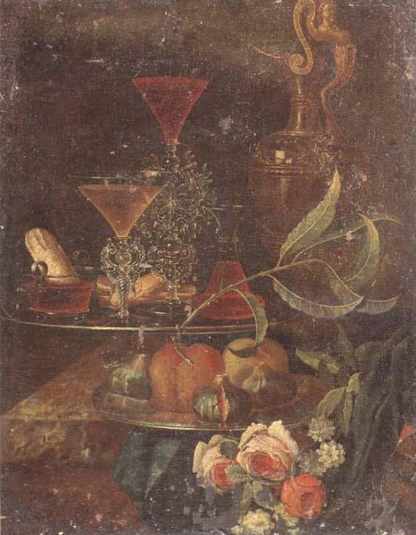 unknow artist Still Life of wine-glasses,a decanter,a glass bowl,sweet breads,figs and peaches upon pewter plates,together with a gilt ewer and flowers,all upon a m oil painting image